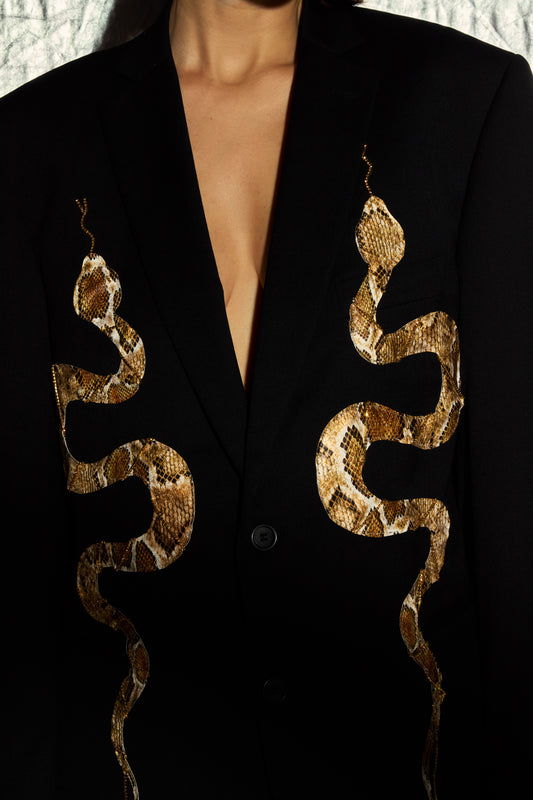 Snake jacket, complemented by gold rhinestone chains